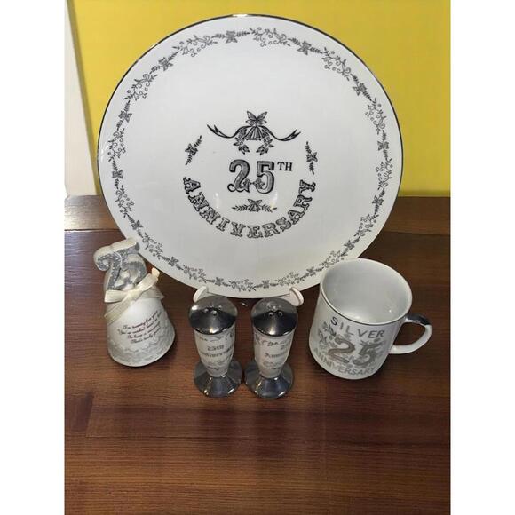 25th Wedding Anniversary Silver Plate, Cup, Salt & Pepper, Bell Set of 4 - Picture 1 of 11